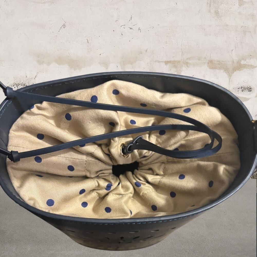 Chico's Navy Laser-Cut Bucket Crossbody with Tan Liner - Picture 3 of 9